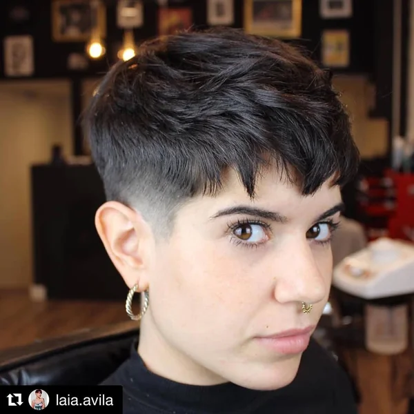 Chic Brunette Micro-Pixie with Soft Tapered Fade