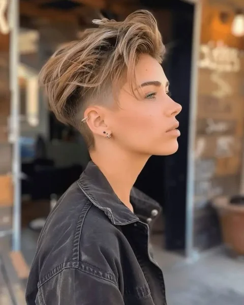 Edgy Honey-Blonde Long Pixie with Undercut Detail