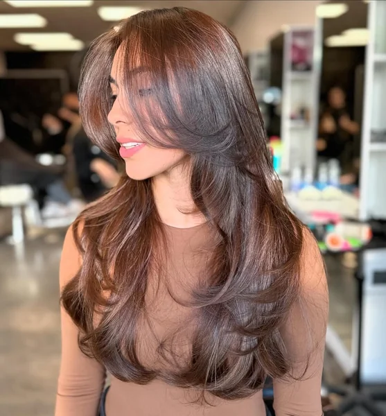 Glossy Chestnut Layers with Dramatic Face Framing