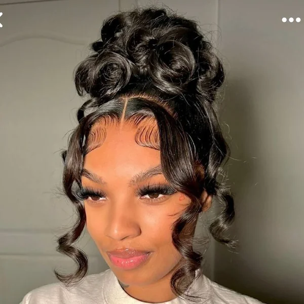 High-Gloss Top Knot with Bold Straight Fringe