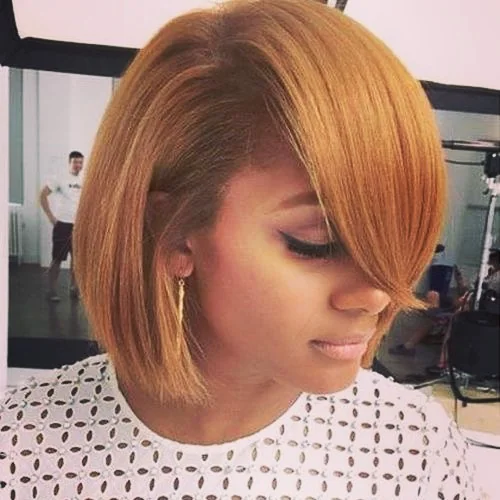 Honey-Gold Long Angled Bob with Sweeping Fringe