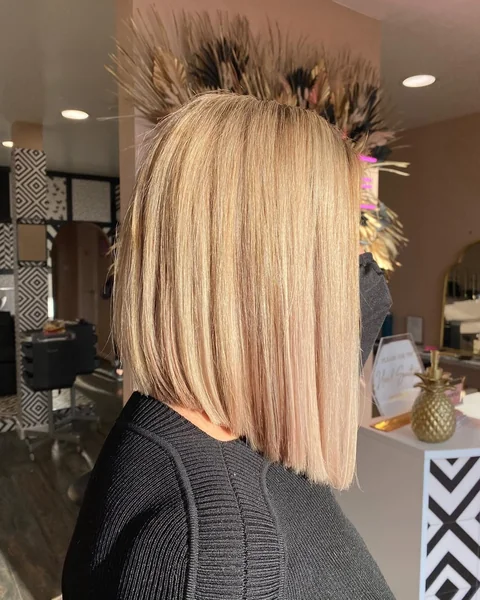 Honey Blonde Long Angled Bob with Blunt Ends