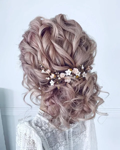 Lavender-Tinted Braided Updo with Spring Blooms