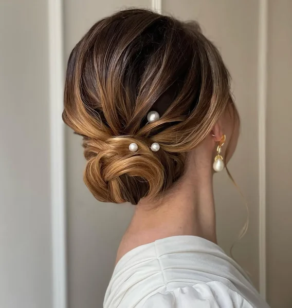 Romantic Twisted Low Bun with Pearl Accents