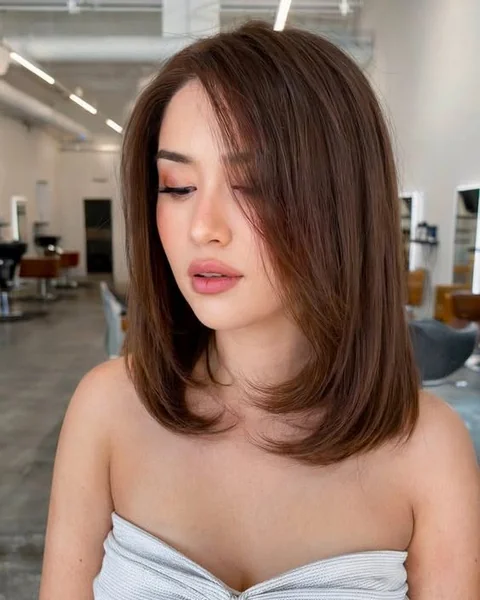Silky Chestnut Lob with Soft Face-Framing Layers