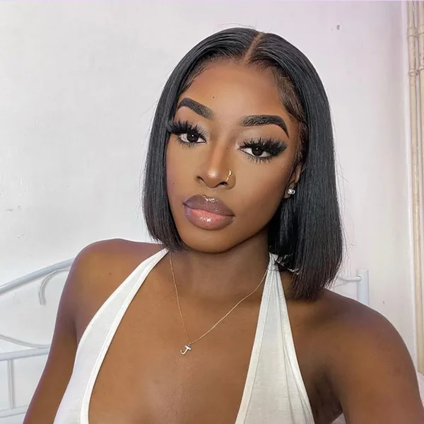 Sleek Jet Black Long Angled Bob with Middle Part