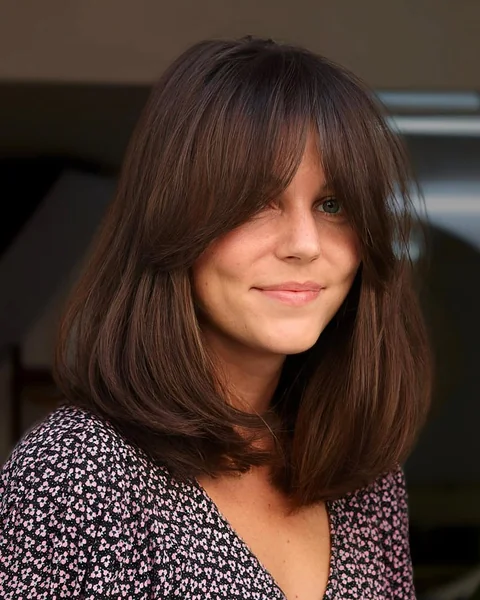 Sultry Espresso Lob with Soft Curtain Bangs