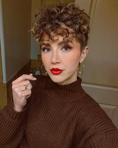 Tapered Honey-Brown Pixie with Bouncy Curls