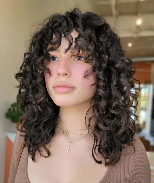 Voluminous Espresso Ringlets with Soft Curly Fringe