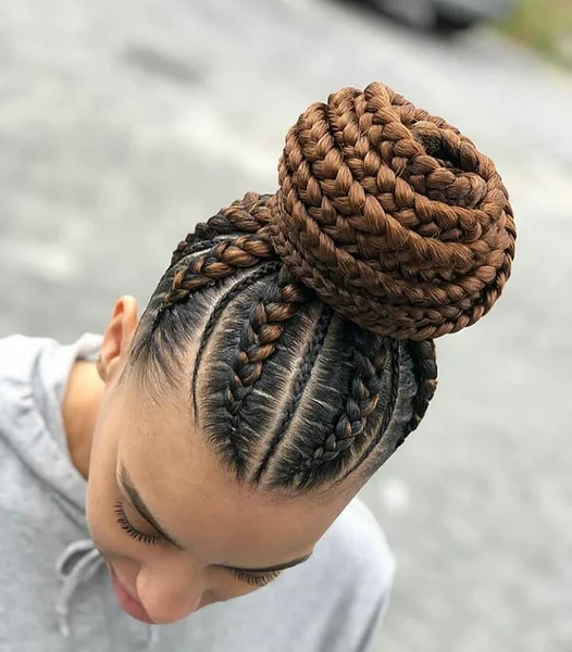 Intricate Braided High Bun with Auburn Highlights