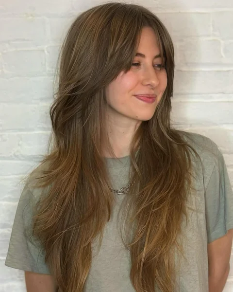 Long Ash Brown Wolf Cut with Soft Curtain Bangs