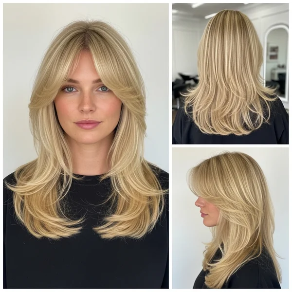 long layered haircuts with curtain bangs blonde