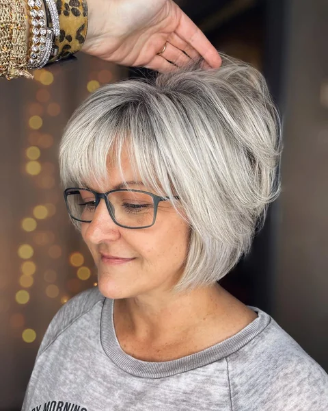 Silver Textured Stacked Bob with Soft Wispy Bangs