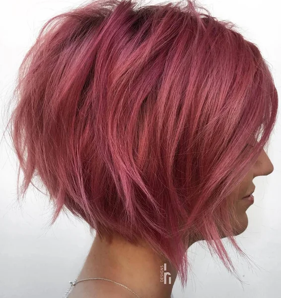 Textured Rose Pink Stacked Bob with Choppy Layers