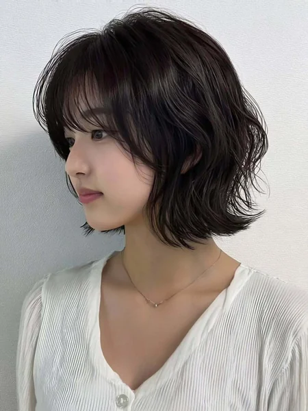 Wavy Wet-Look Korean Bob with Wispy Bangs