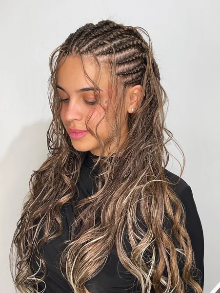 Half-Up Cornrows with Wavy Hair Down