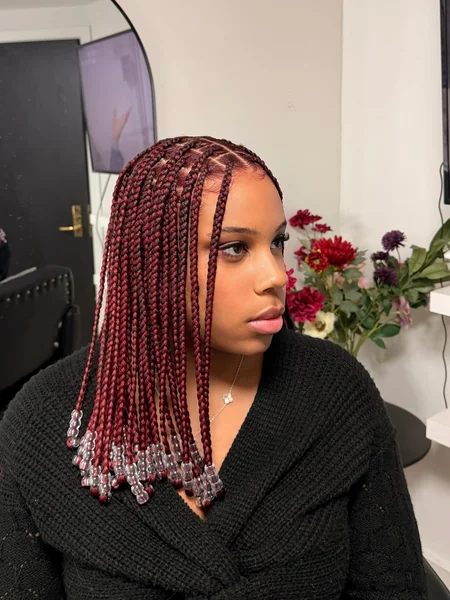 Burgundy Knotless Box Braids with Beads