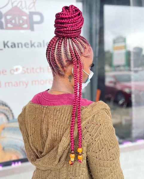 Red Cornrow Bun with Beads