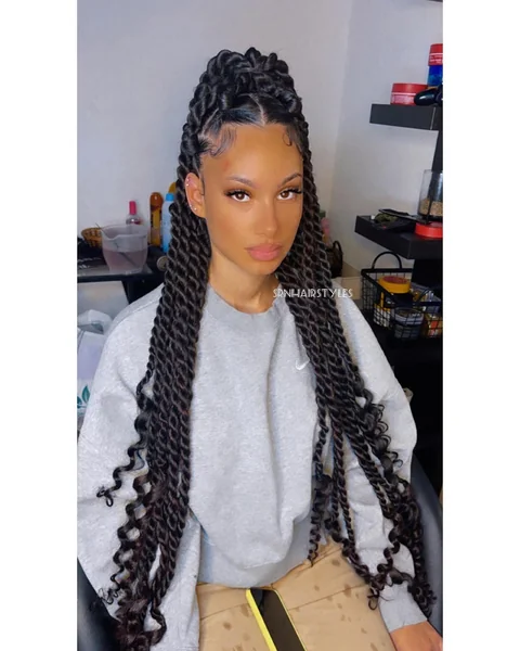 Jumbo Black Twist Braids Half-Up Style