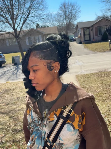Quick Weave Updo Bun with Wavy Leave Out