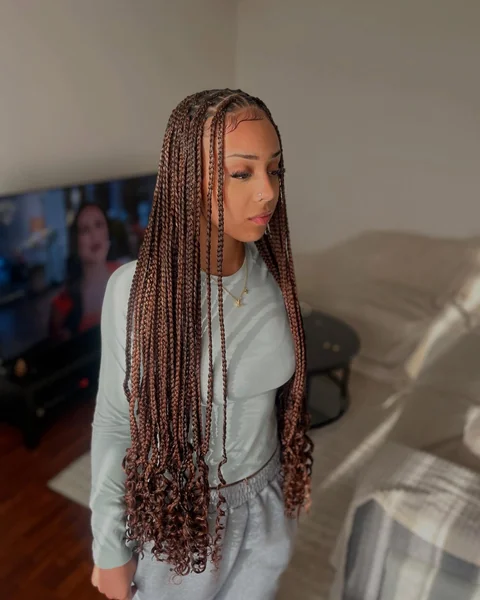 Long Brown Knotless Braids with Curly Ends