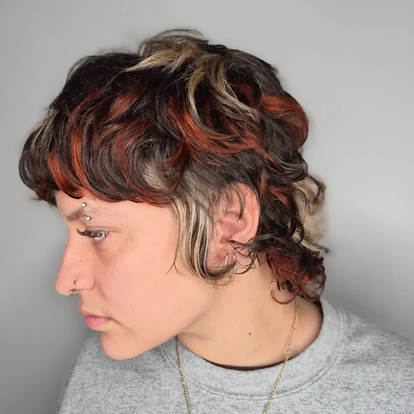 Short Curly Calico Hair with Red, Dark, and Copper