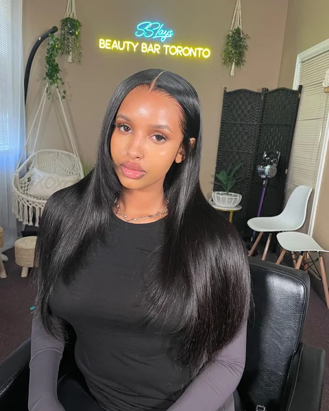 Black Straight Wig Middle Part Salon Install