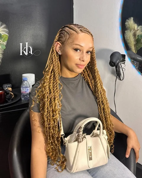 Long Golden Twists with Cornrow Top and Curly Ends