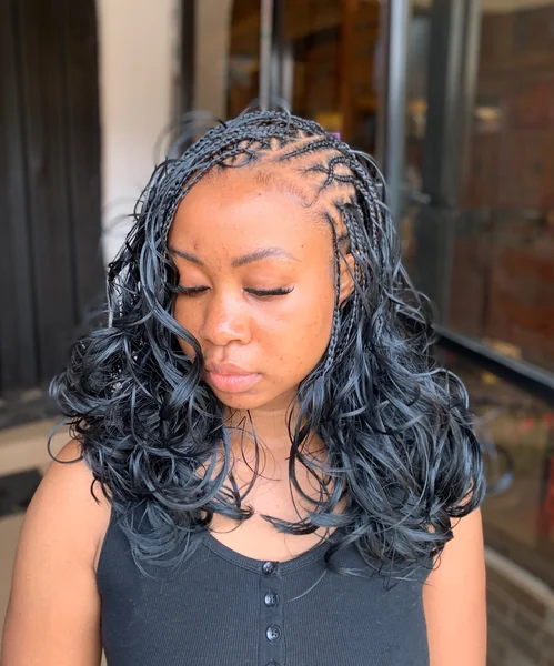 Black Knotless Braids with Blue-Tinted Curly Ends