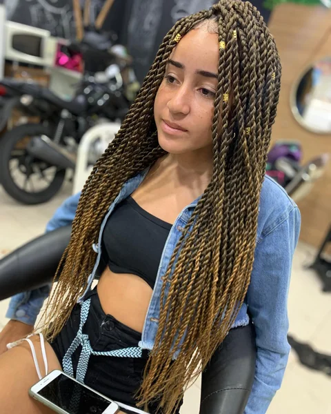 Long Brown Senegalese Twists with Gold Beads
