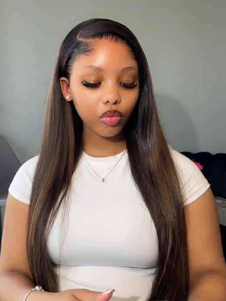 Black Straight Wig with Brown Highlights