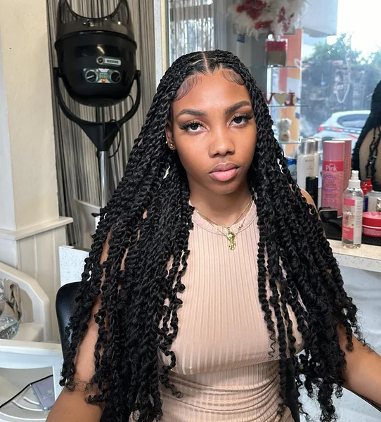 Long Black Knotless Twists with Curly Ends
