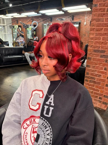 Short Red Curly Bob Wig Half Up Style