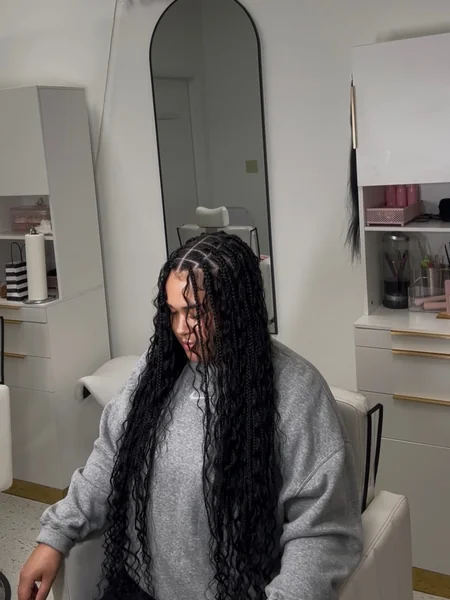 Long Black Boho Knotless Braids, Heavy Volume Curls
