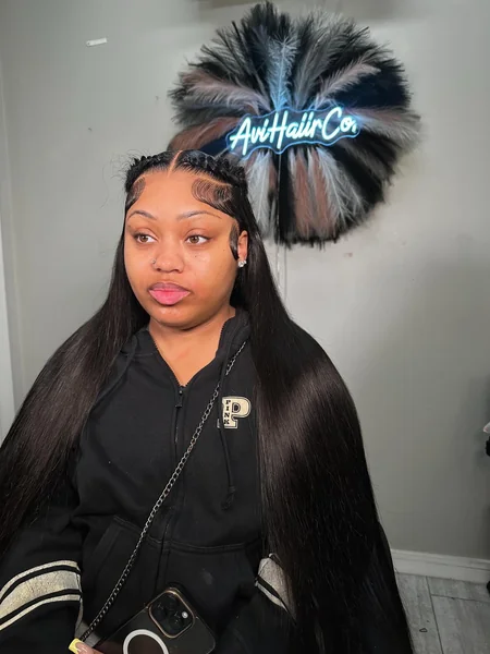 Long Black Straight Wig with Double Braided Hairline