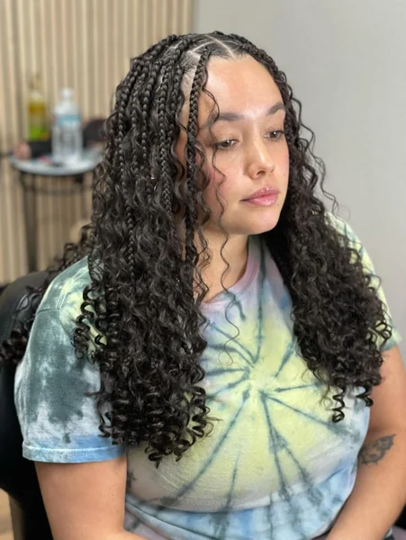 Medium Black Knotless Braids with Curly Ends, Boho Style