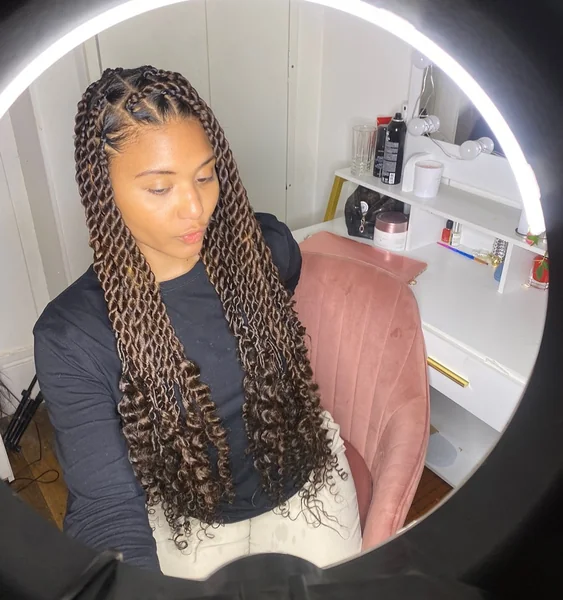 Long Brown Twists with Curly Ends Mirror Selfie