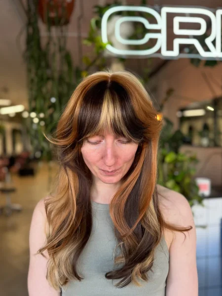 Calico Hair with Bangs on Auburn & Blonde Long Layers