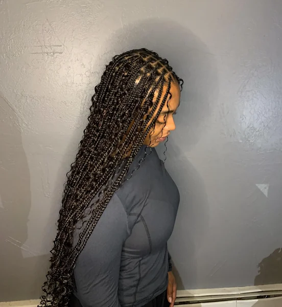 Long Dark Brown Knotless Braids with Curly Ends, Side Profile