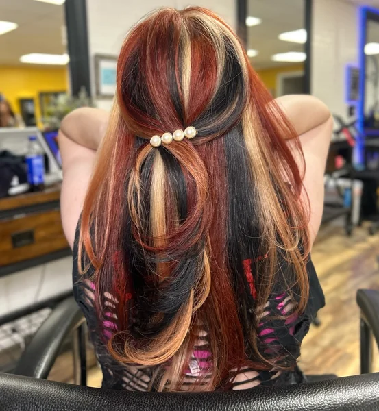 Calico Hair Color Hairstyles — Red, Black & Blonde Half-Up
