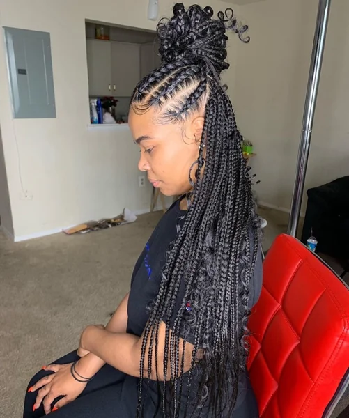Cornrow High Ponytail with Boho Curly Ends