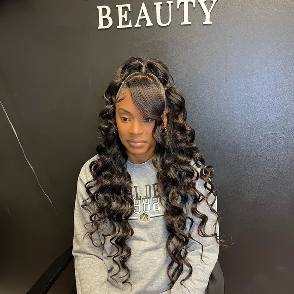 Black Loose Wave Wig Half Up with Bangs