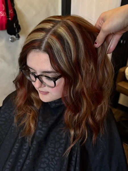 Medium Wavy Calico Hair with Brown, Auburn, and Blonde