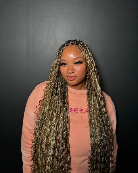Blonde Boho Knotless Braids with Voluminous Curls, Clean Background