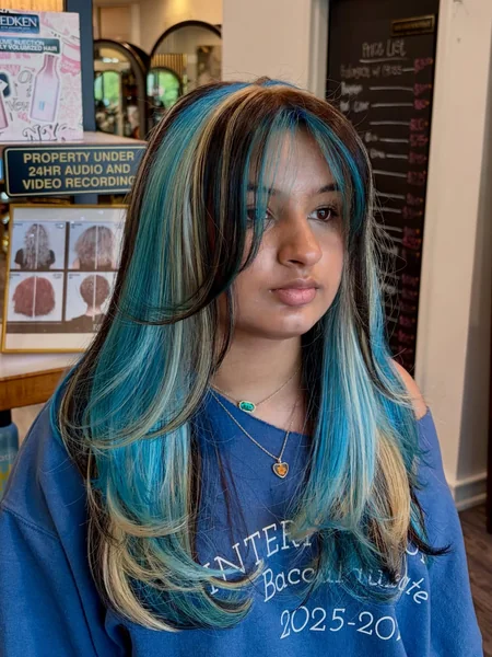 Blue Calico Hair with Dark Brown & Teal Peekaboo Highlights
