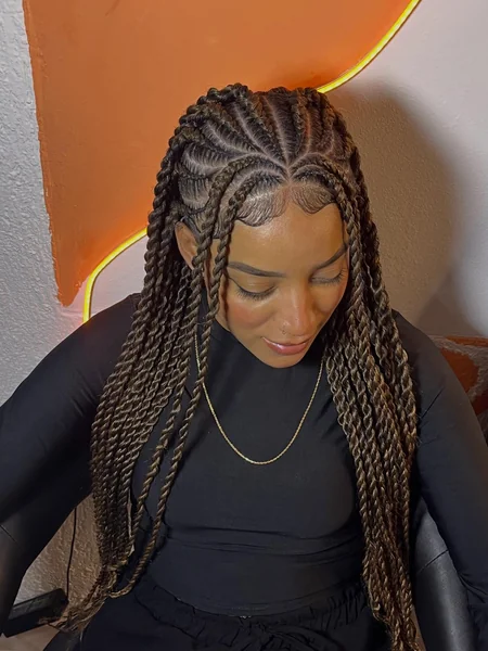 Long Dark Brown Twists with Cornrow Top
