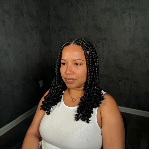 Short Bob Black Knotless Braids with Curly Ends