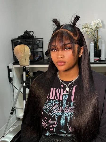 Black Straight Wig with Bangs and Mini Buns