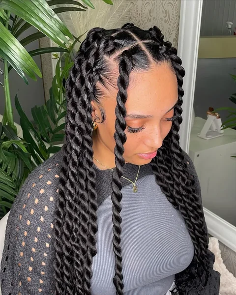 Long Black Jumbo Rope Twists Half-Up Bun