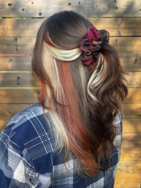 Calico Hair Color Hairstyles with Blonde & Red on Half-Up